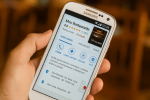 Tela de celular exibindo um exemplo do Google Perfil de Empresa, com informações de contato, avaliações e mapa.