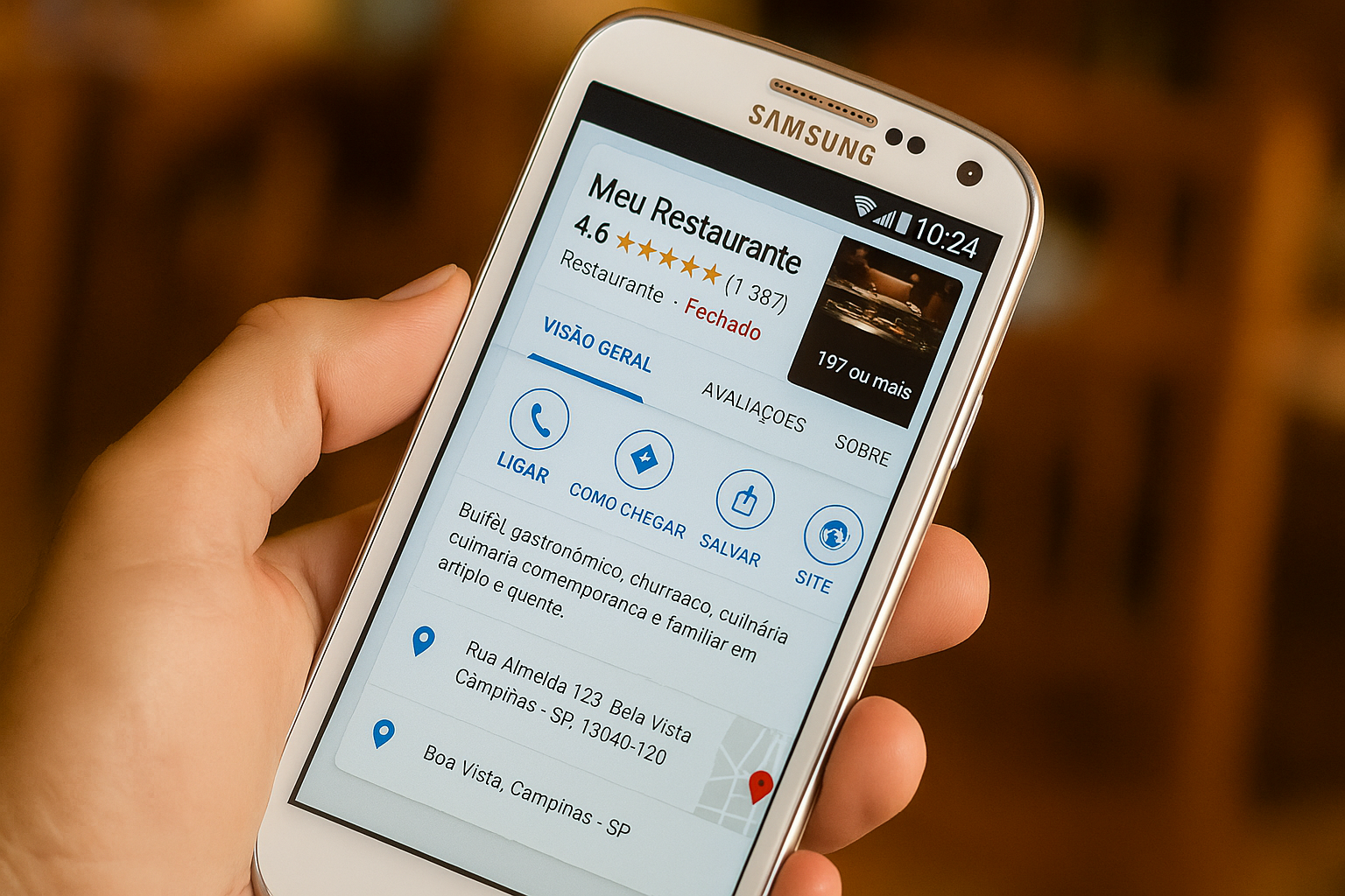 Tela de celular exibindo um exemplo do Google Perfil de Empresa, com informações de contato, avaliações e mapa.