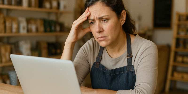 Empreendedora com expressão preocupada olhando para um laptop em sua loja, representando a frustração de não aparecer no Google.